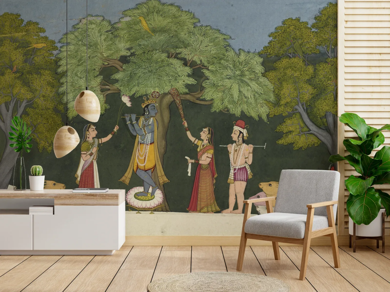 Heritage Krishna Miniature Painting Wallpaper Removable Temple Decor Interior Design