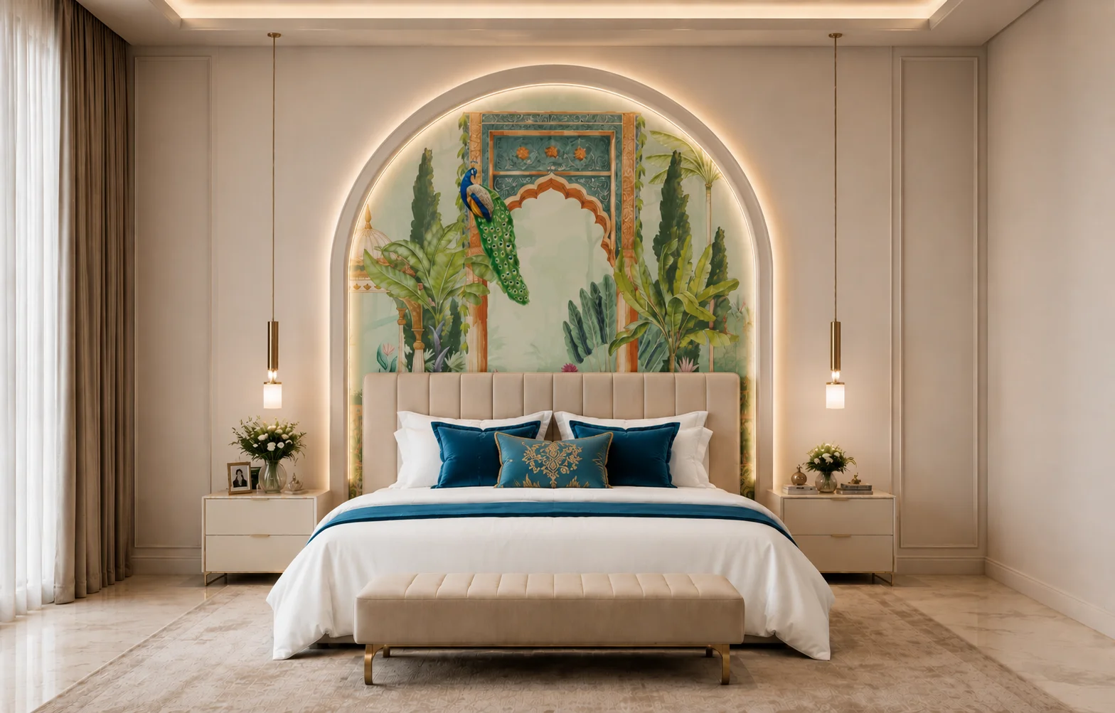 Indian Tropical Peel and Stick Blue Green Wallpaper