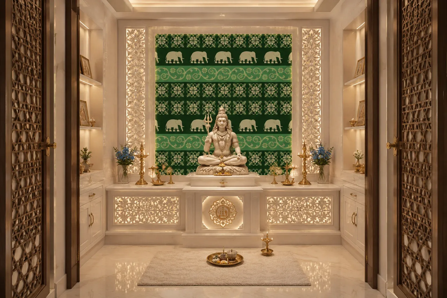 Pooja Room Special Dark Green Elephant Design Peel and Stick Seamless Pattern Wall Accent