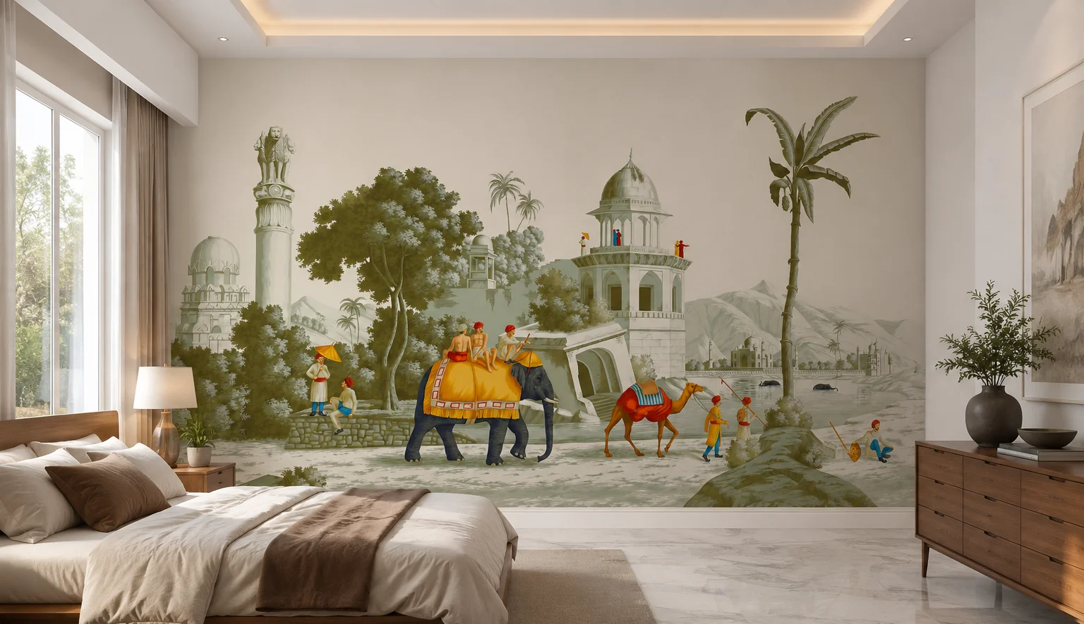 Indian Traditional Caravan Journey Beige Peel and Stick Wallpaper Mural.png