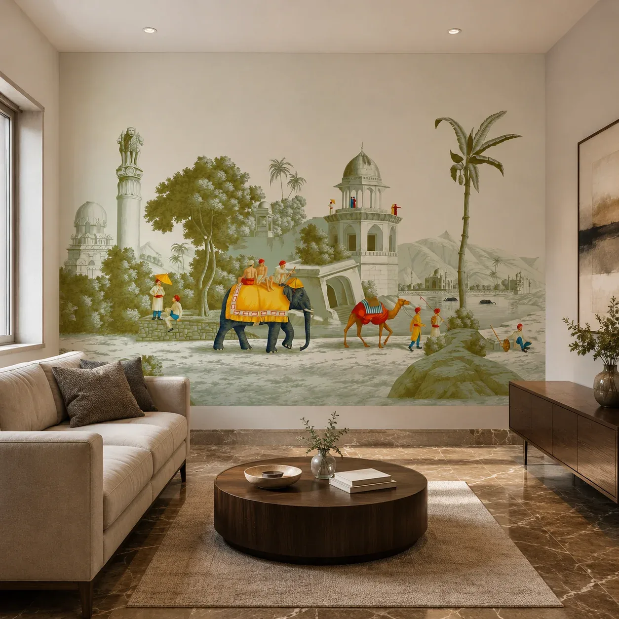 Beige Vintage Elephant Camel Safari journey Living Room Wall Mural.png