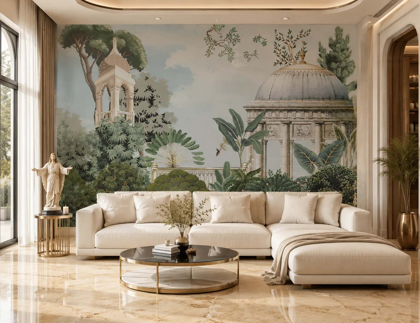Living Room Luxury Ancient Tropical Garden Pastel Blue Royal Wall Covering.png