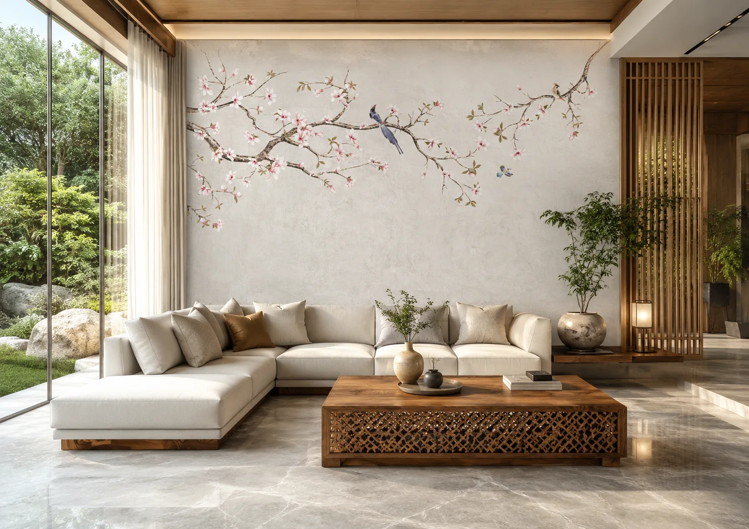 Delicate Cherry Blossom Wallpaper Design for Peaceful Miami Coastal Living Room Spaces Inspired Interiors.png