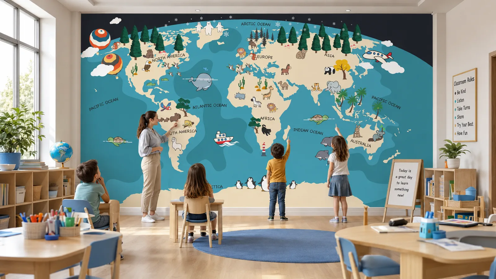 Modern Kids World Map Wallpaper Chicago Preschool Educational Wall Decor Exclusive Series.png