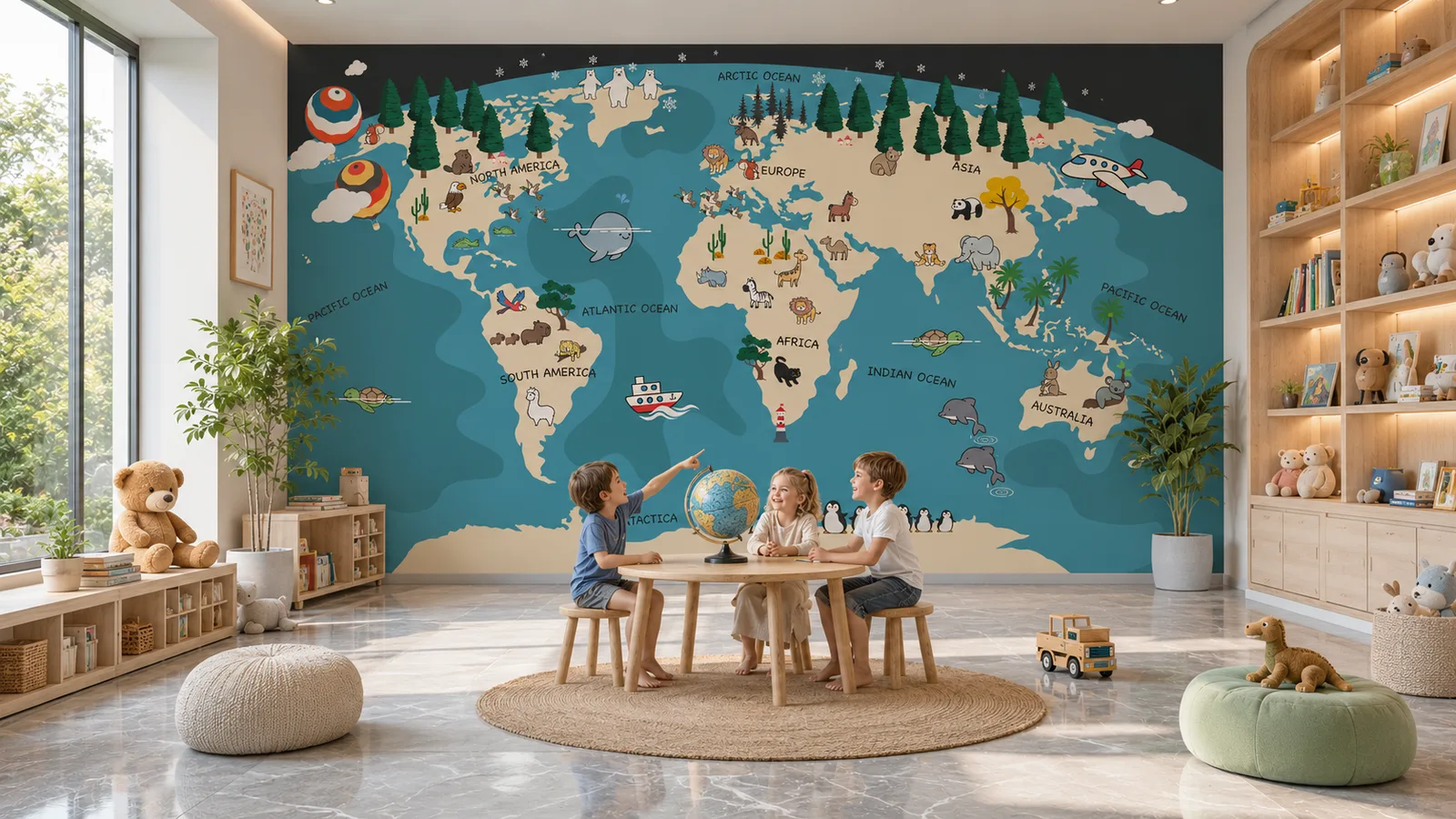 Educational World Map Wallpaper Mural Classroom Decor California Learning Space Premium Collection.png