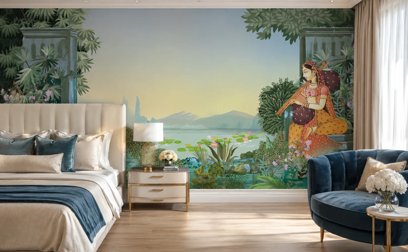 Indian Miniature Art Green Peel and Stick USA Home Decor Wallpaper.png