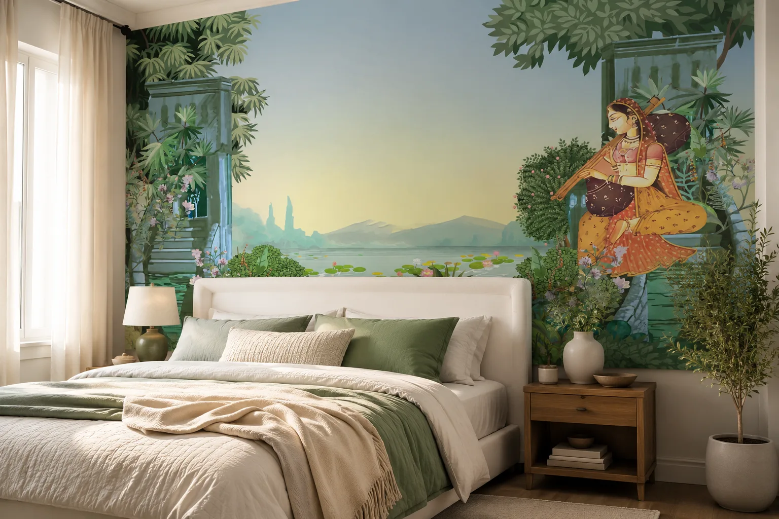Best Bedroom Removable Lady Playing Sitar Nature Wall Mural.png