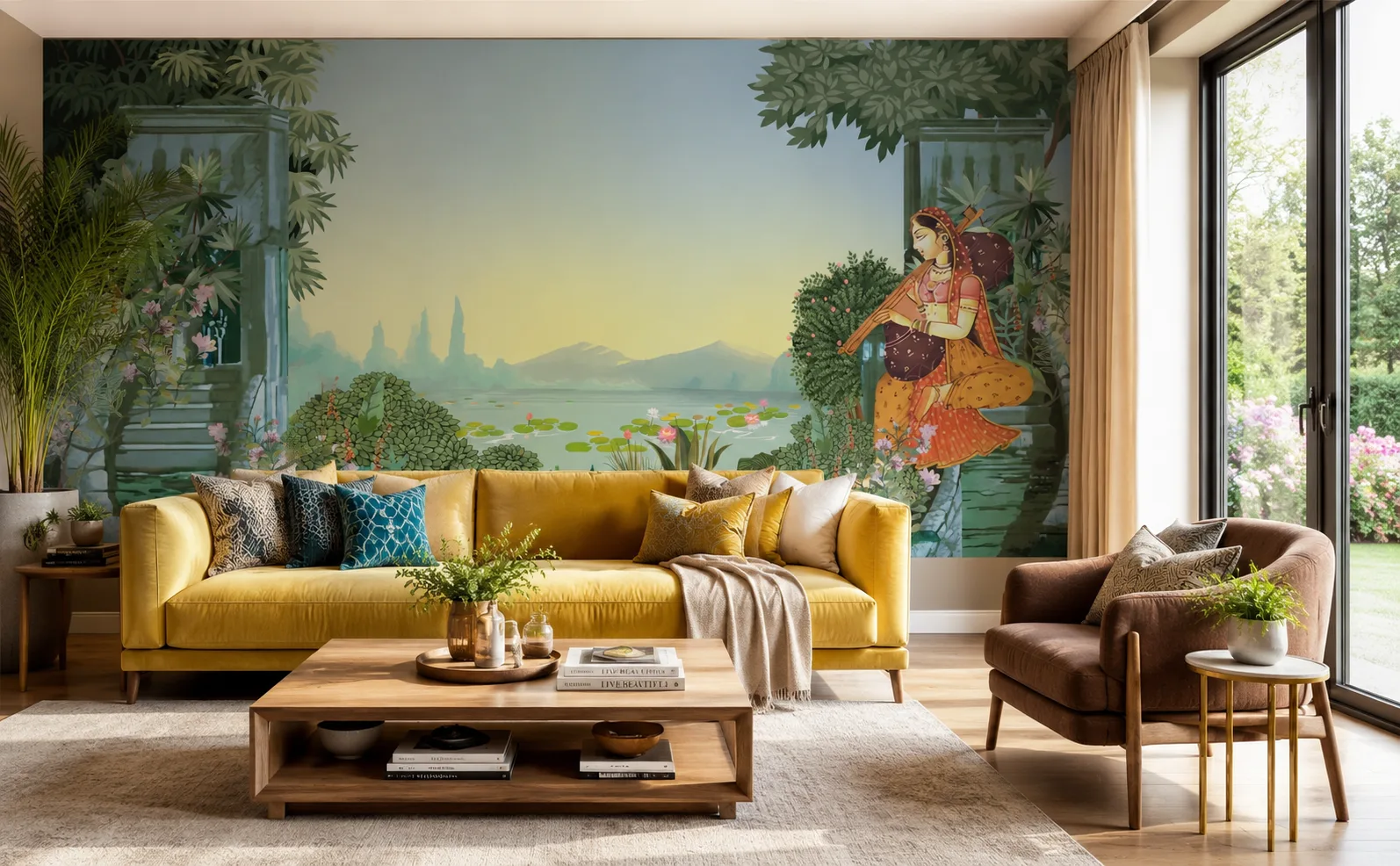 Trendy Living Room Green Beige Nature Escape Lady Playing Sitar Drawing Room Wall Decor.png