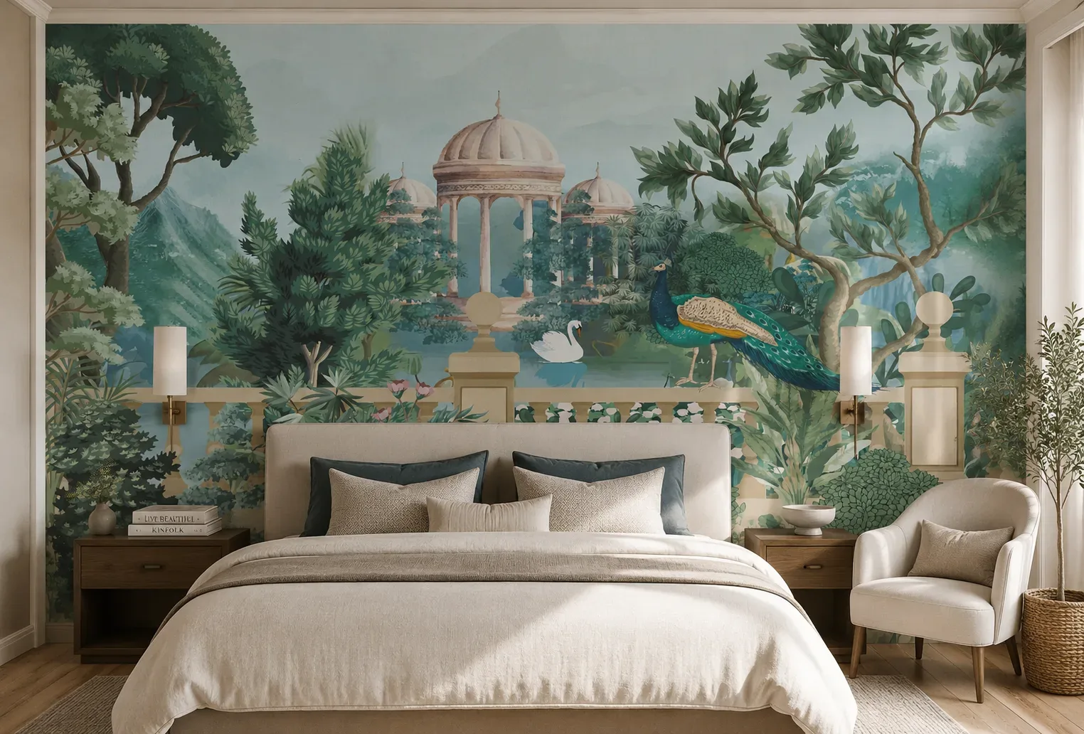 Elegant Peacock Garden Palace Wallpaper Mural for Luxury Bedroom California Estate Collection.png