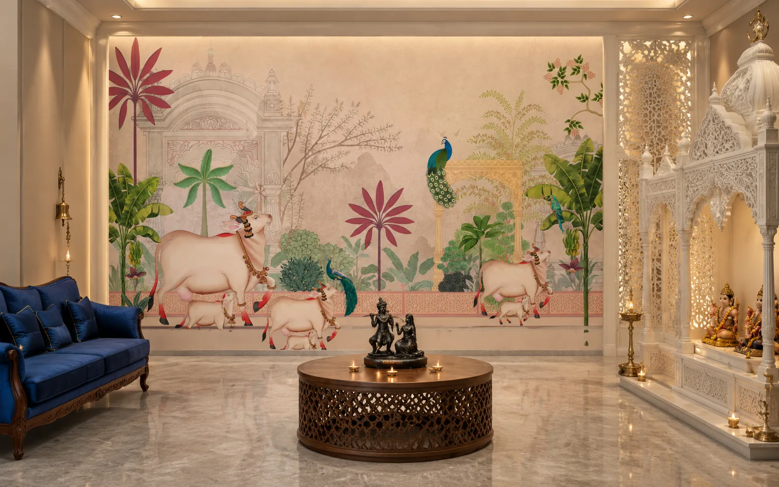 Pooja Room Special Beige Calming Indian Rajasthani Art Wall Mural Removable.png