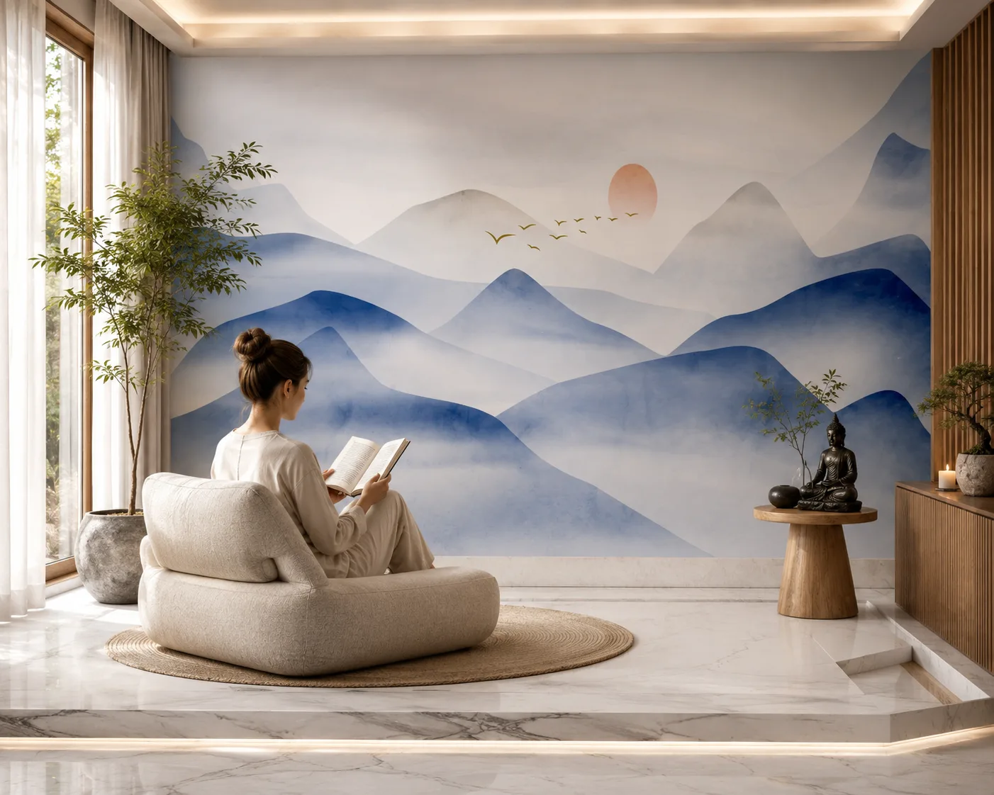 Contemporary Blue Wave Mountains Wallpaper Calm Living Space Seattle Urban Retreat Edition.png