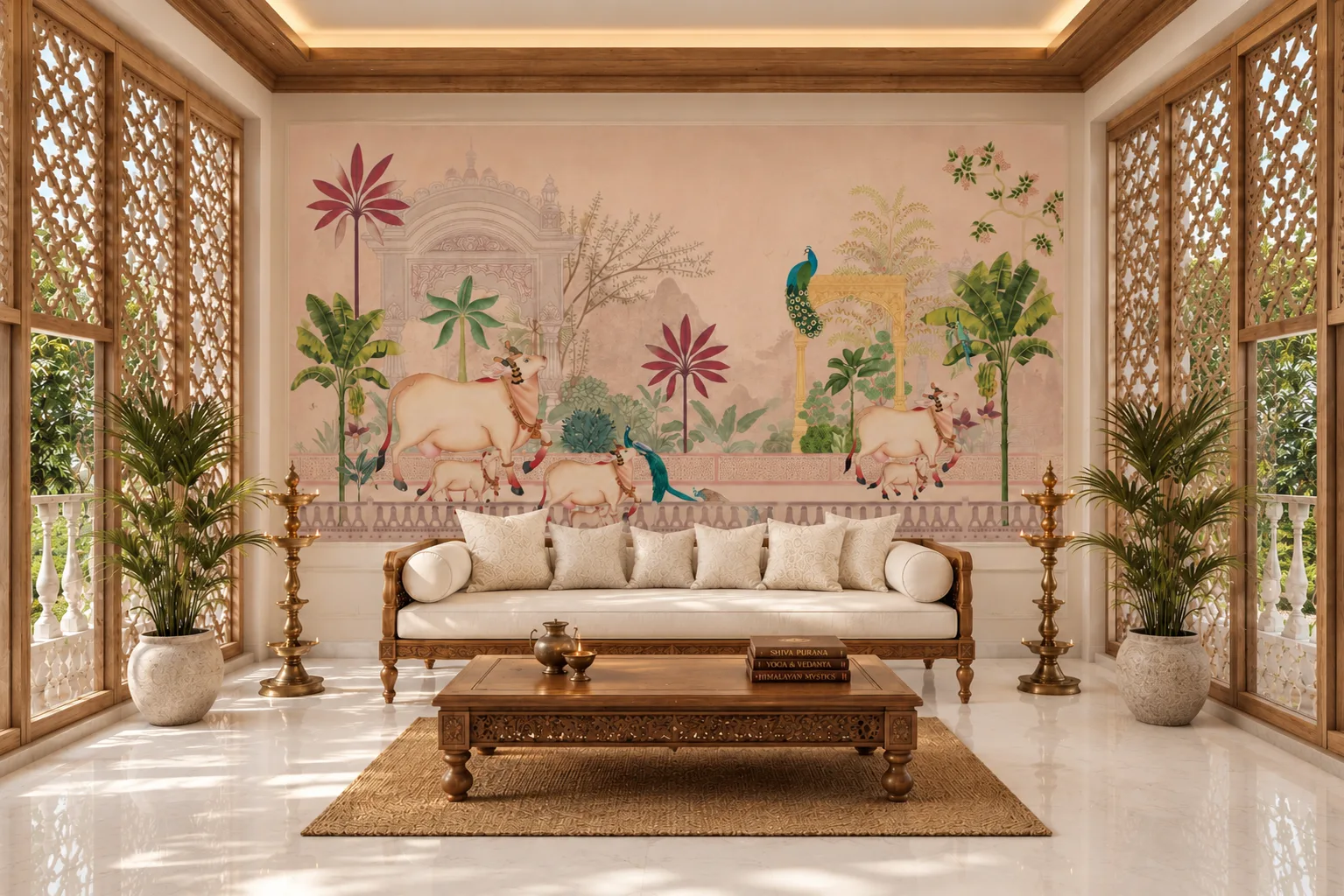 Beige Indian Pichwai Cow Peacock Tropical Living Room Peel and Stick Wallpaper.png