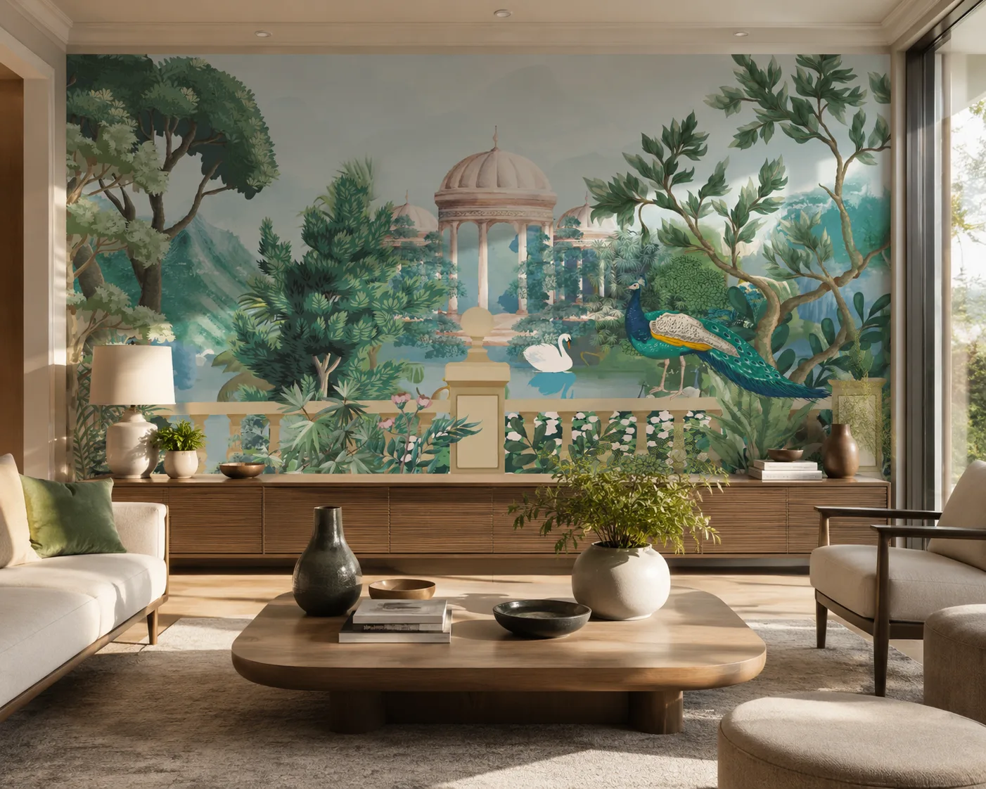 Grand European Garden Wallpaper Featuring Peacocks and Domes Texas Mansion Style Statement Edition.png