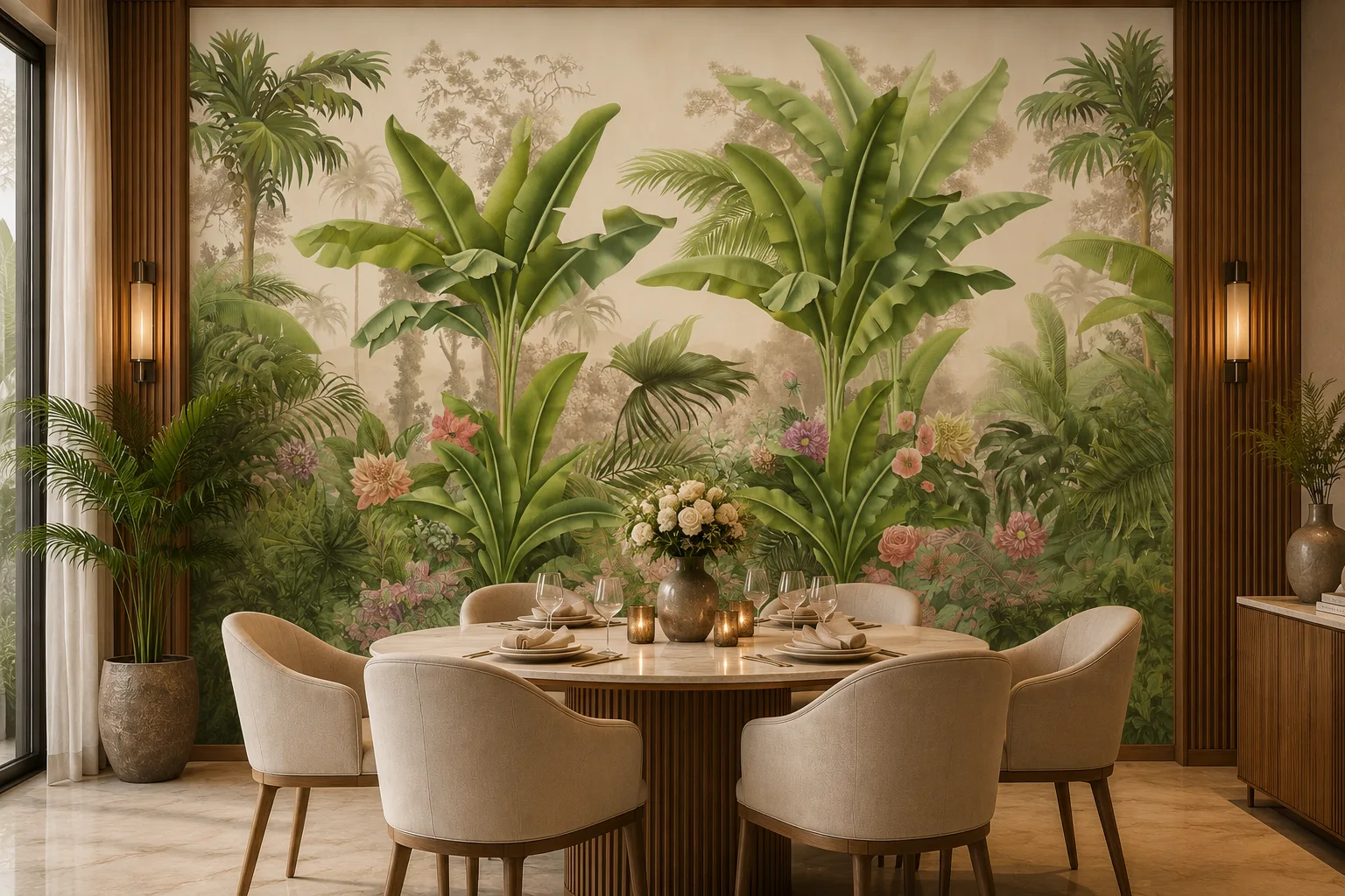 Elegant Botanical Rainforest Wall Mural Pastel Tropical Paradise Texas Dining Room Accent Series.png