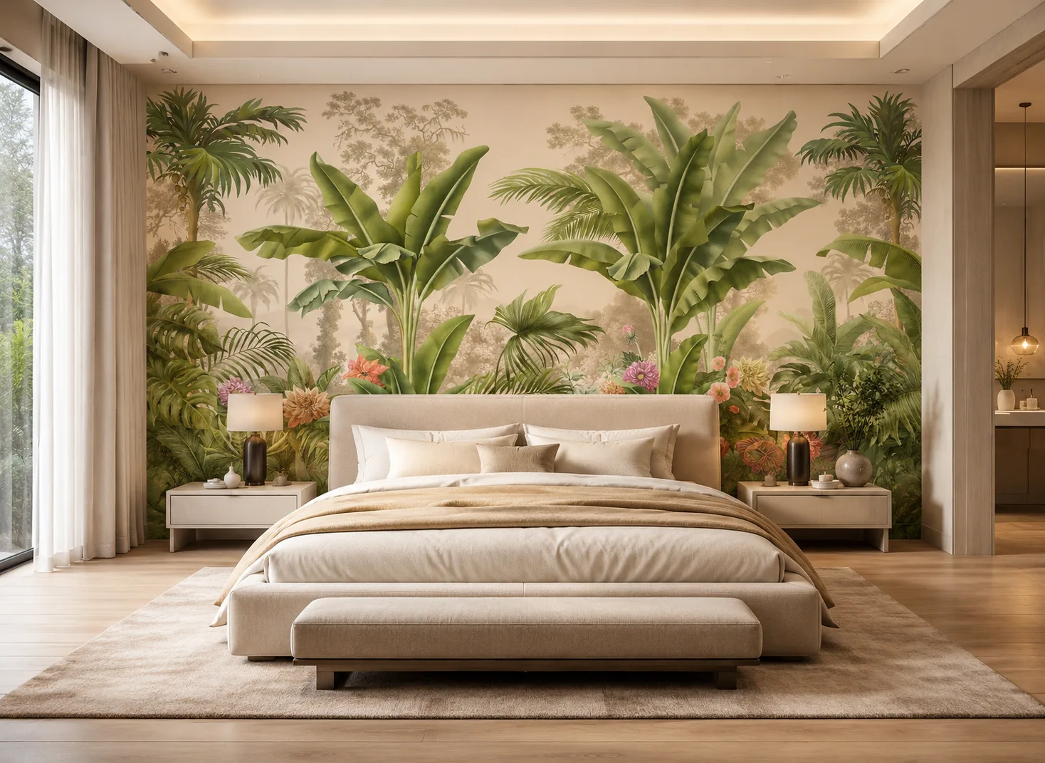 Botanical Tropical Landscape Wallpaper Neutral Palm Leaf Wall Mural Chicago Residence Premium Collection.png