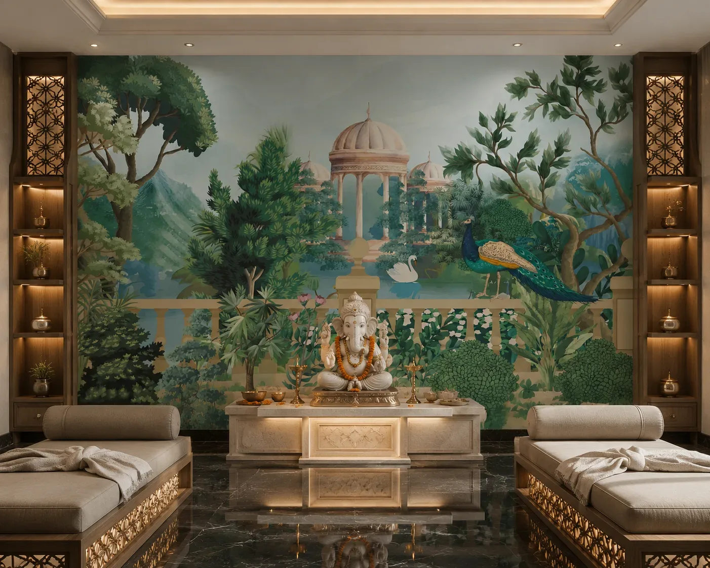 Artistic Peacock Jungle Wallpaper Mural for Modern Pooja Room Interiors Miami Coastal Living Selection.png