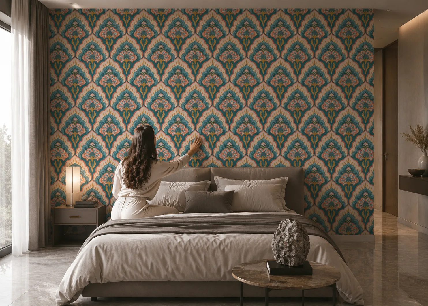 Antique Coral Blue Arabesque Wallpaper Nashville Heritage Bedroom Premium Collection.png