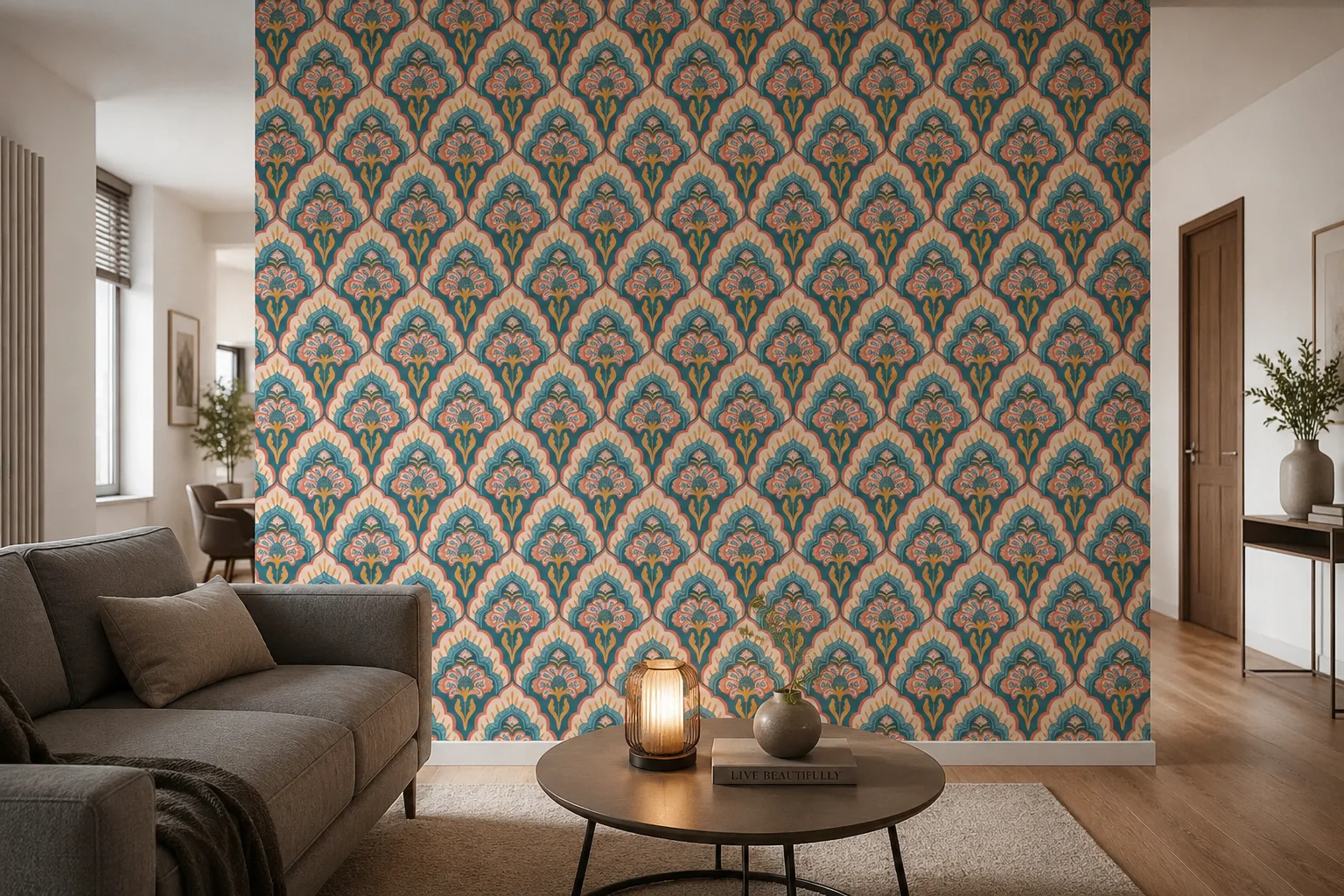 Vintage Coral Teal Floral Damask Peel Stick Wallpaper California Coastal Interior Elegance.png