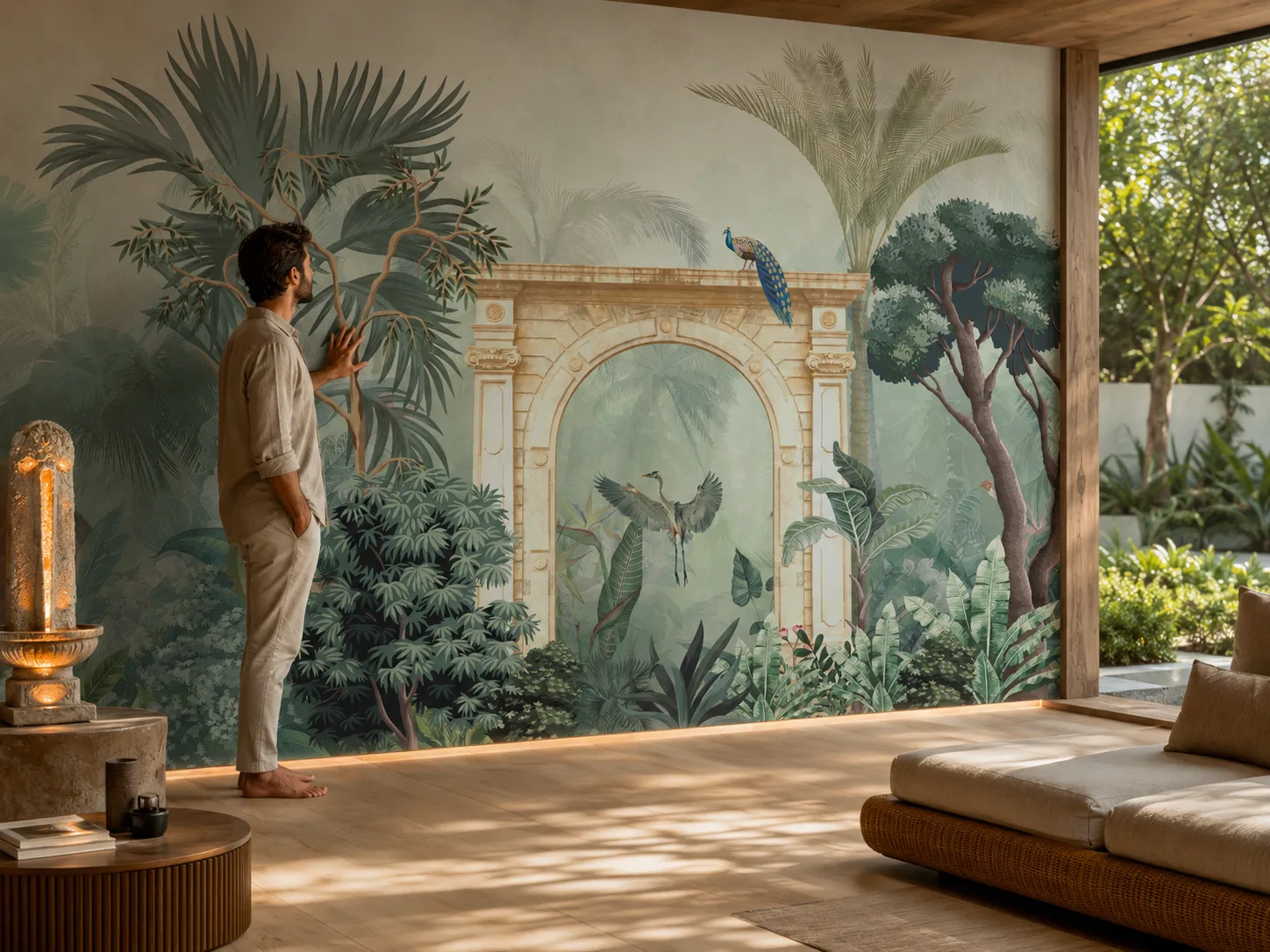 Vintage Botanical Jungle Wall Mural Featuring Exotic Birds California Interiors.png