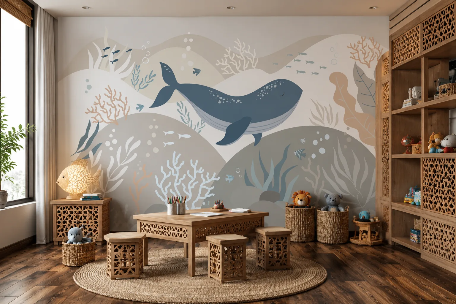 Minimalist Whale Ocean Wallpaper Baby Nursery Decor Family Style.png