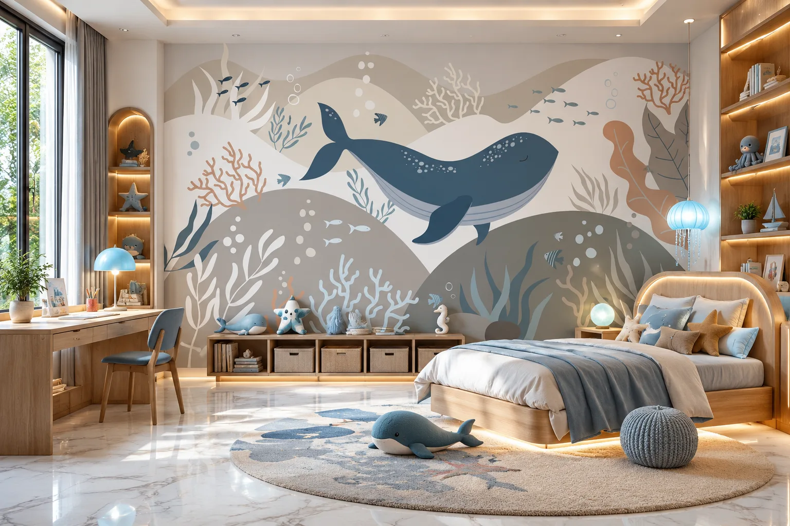 Gentle Underwater Whale Wall Mural Nautical Baby Room Texas Design.png