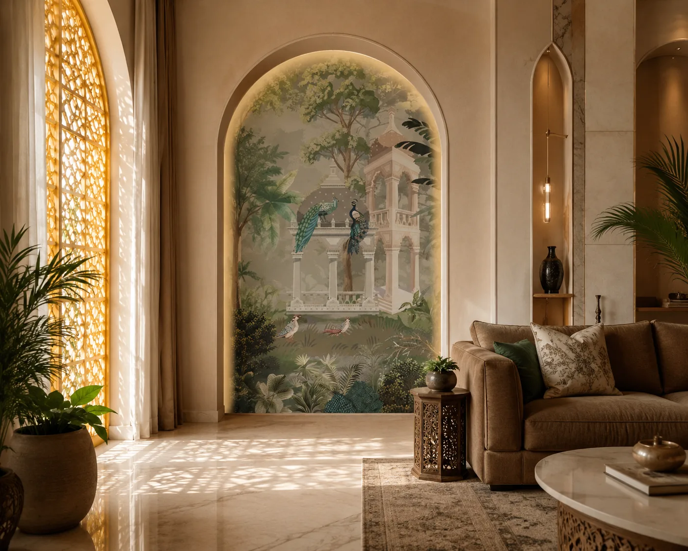 Tropical Indian Garden Architecture Peacock Arch Wall Decor Wallpaper.png