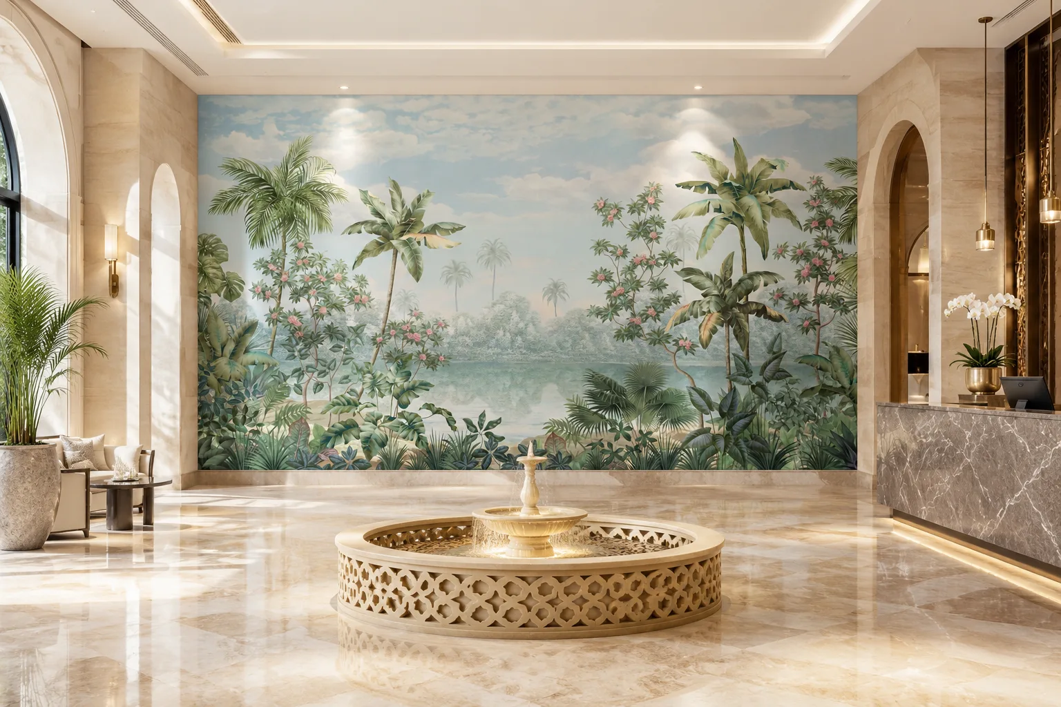 Soft Watercolor Jungle Paradise Wallpaper With Blooming Trees California Decor Collection.png