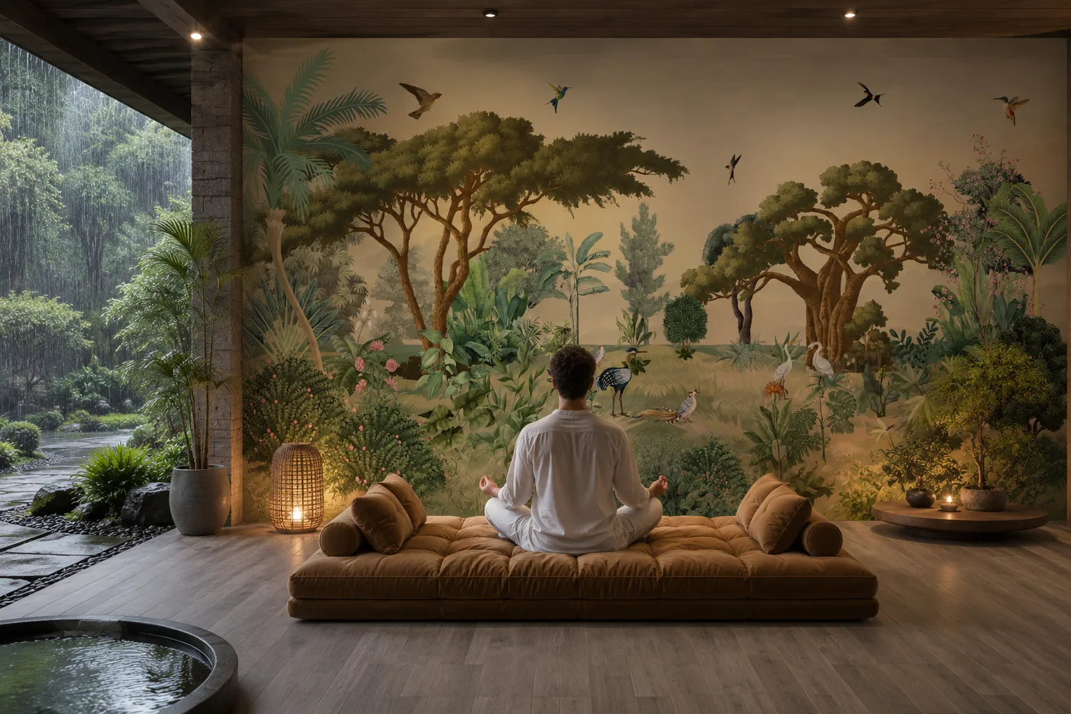 Artistic Bird Sanctuary Landscape Mural for Modern Home Interiors Premium Removable Wallpaper.png
