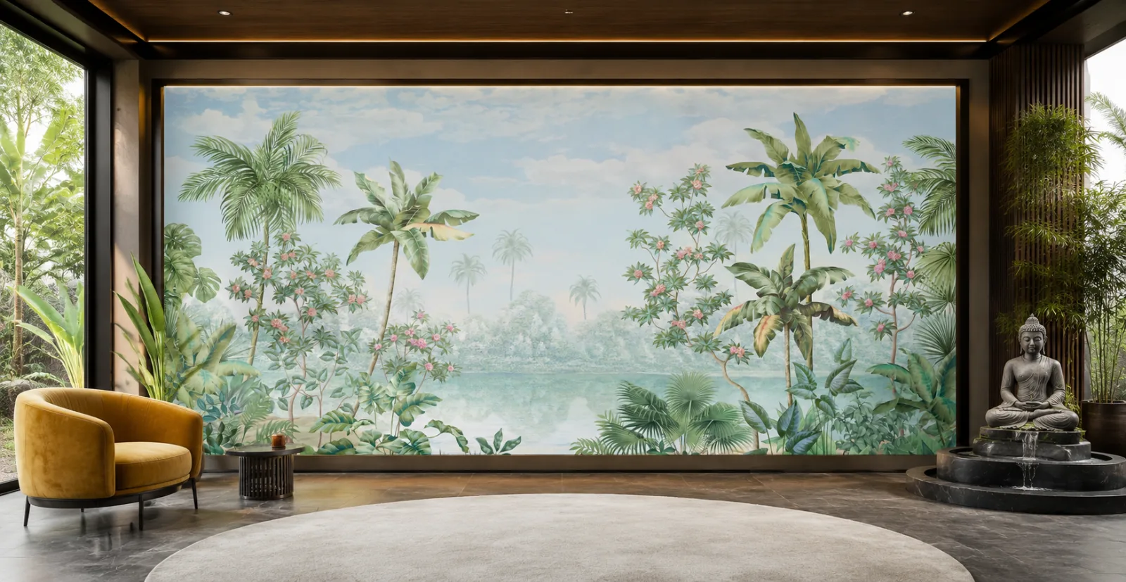 Serene Tropical Lagoon Palm Botanical Wall Mural Coastal Retreat Florida Homes Edition.png